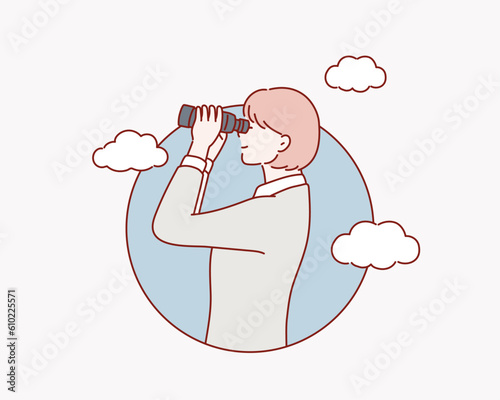 Business women using telescope looking for success. Hand drawn style vector design illustrations.