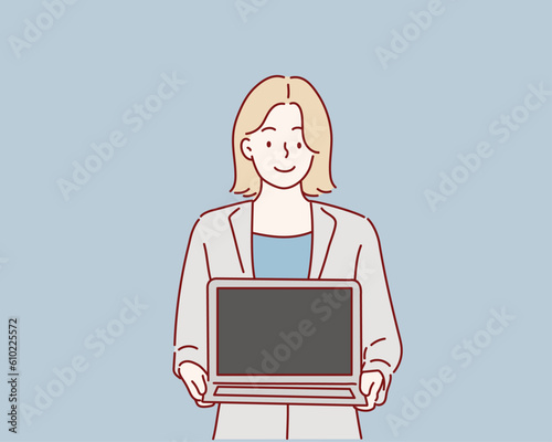 businesswoman showing blank screen laptop computer. Hand drawn style vector design illustrations.
