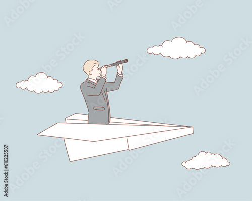 Searching for success. businessman flying on paper plane and looking in spyglass. Hand drawn style vector design illustrations.