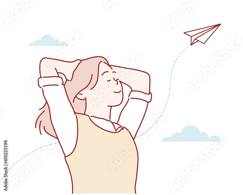 Paper airplane with woman. Hand drawn style vector design illustrations.