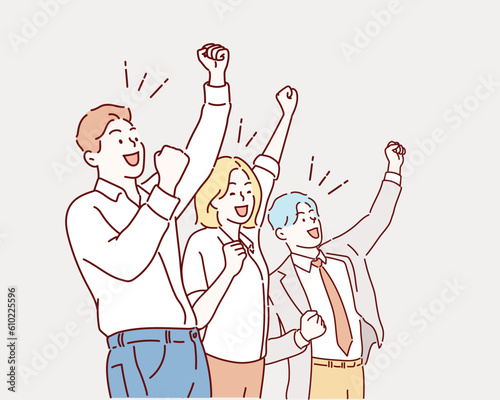 Looks like win. Team workers smiling and raising hands up. Hand drawn style vector design illustrations.