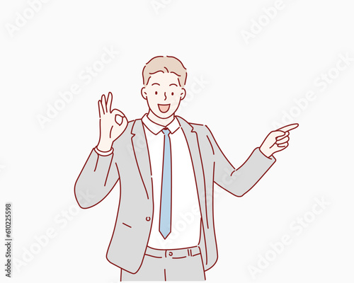 business man pointing space. Hand drawn style vector design illustrations.