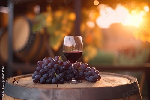 Glass with red wine on a wooden barrel in the vineyard at sunset.ai generated