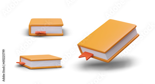 Collection of realistic books with bookmarks. Volume with color unsigned cover. Symbol of knowledge and learning. 3D book with shadow, view from different sides. Isolated modern icons