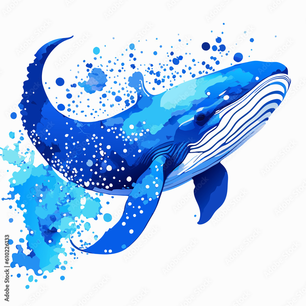 Vector illustration of a blue whale with splashes of water on a white background