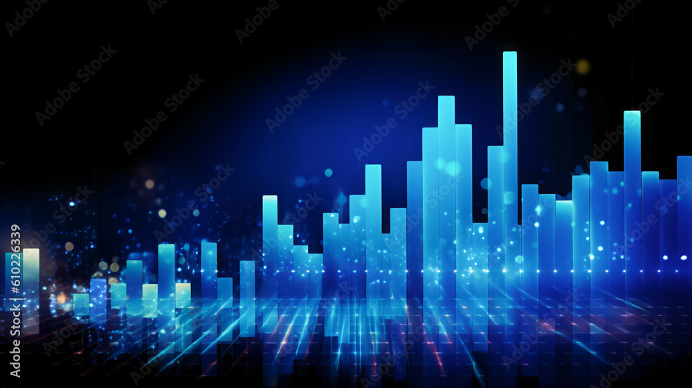 Economy and forex market concept with blue financial chart diagram and graphs on dark background