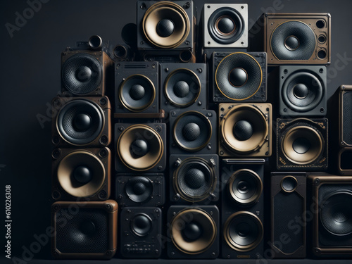 A large stack of vintage music audio speakers. AI Generated