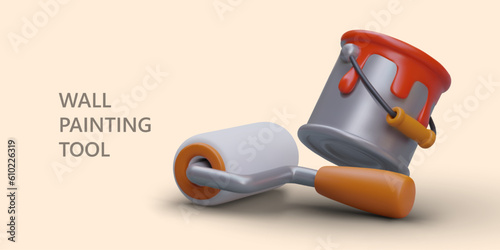 3d realistic paint can and roller. Web poster for hardware store concept and place for text. Colorful vector illustration in cartoon style with pink background