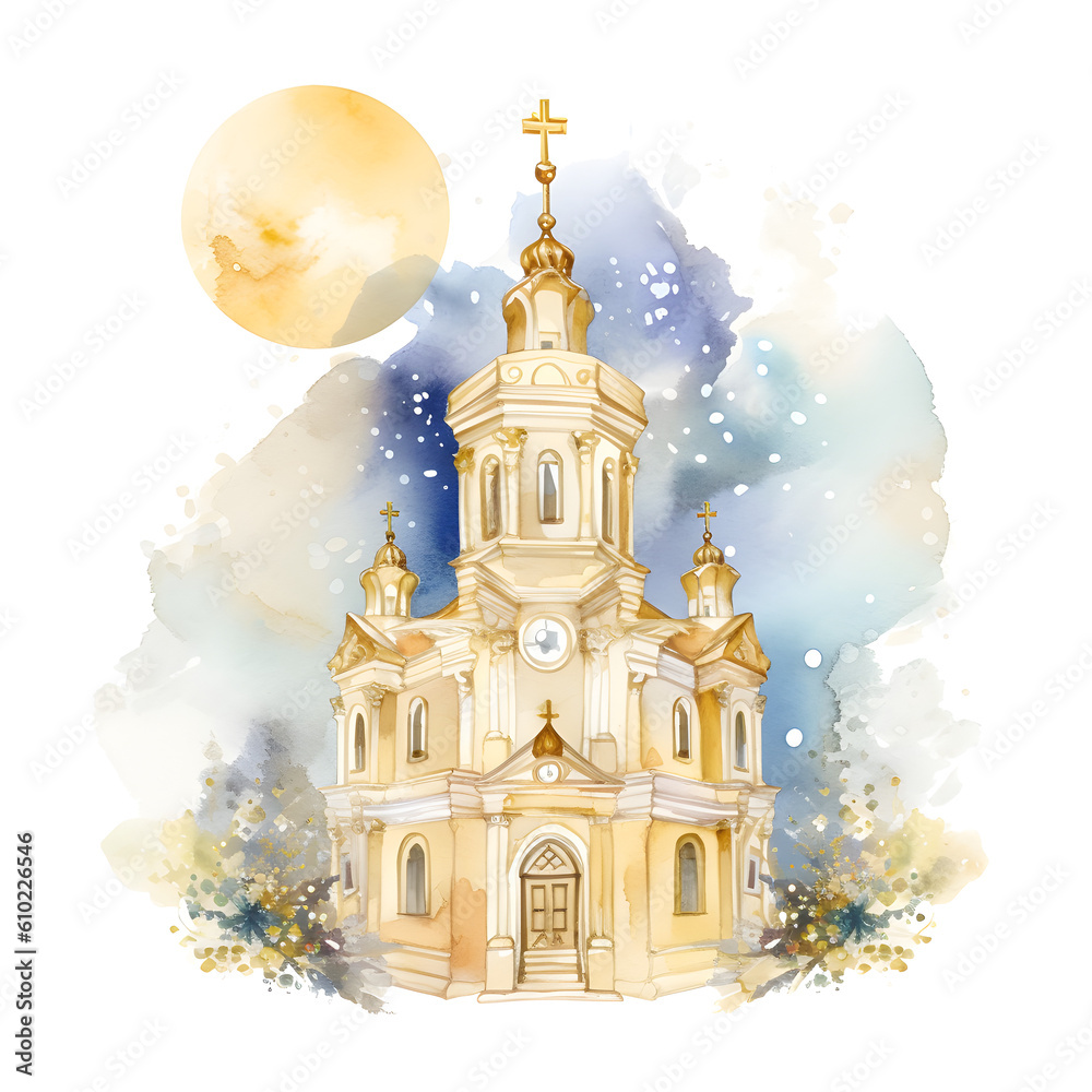 Watercolor White Church Starry Night Clipart Element Printable Commercial use