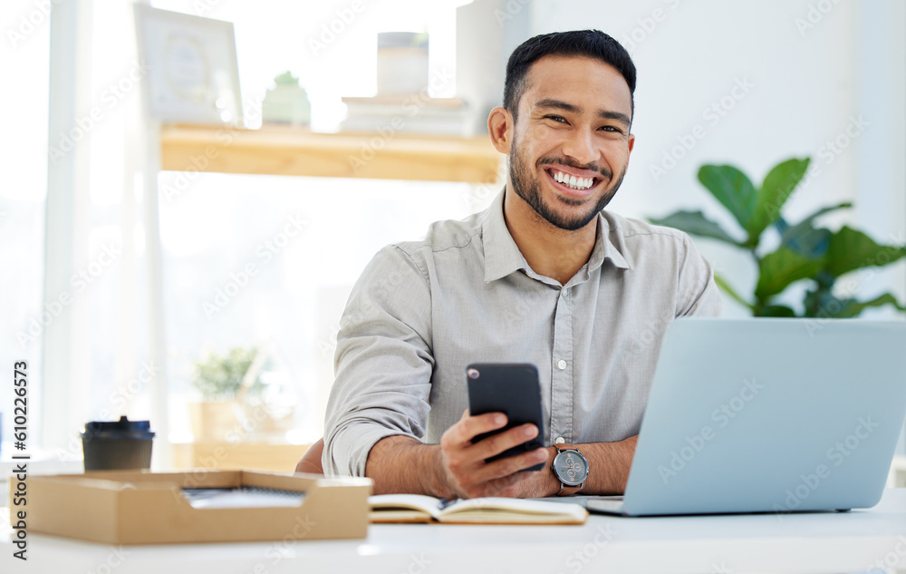 Happy, phone and man in office typing email communication, social networking or search for business on app. Asian businessman, cellphone or computer for mobile connection, internet or network contact Happy, phone and man in office typing email communication, social networking or search for business on app. Asian businessman, cellphone or computer for mobile connection, internet or network contact
