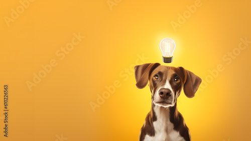 Light bulb glowing under dog's head. Creative idea concept