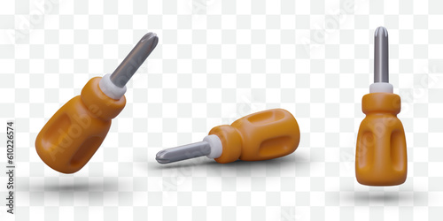 Set of realistic screwdrivers with plastic handles. Construction tools. Phillips screwdrivers with shadows, view from different sides. Handle tools for home