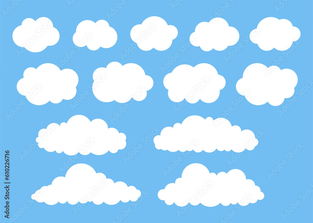 White cloud shape on blue sky set, weather icon. Simple flat style of different clouds. Graphic element collection for web and print. Vector
