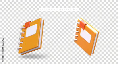 Set of 3d notebooks with orange cover in different positions. Poster with products for stationery store concept. Colorful vector illustration in cartoon style