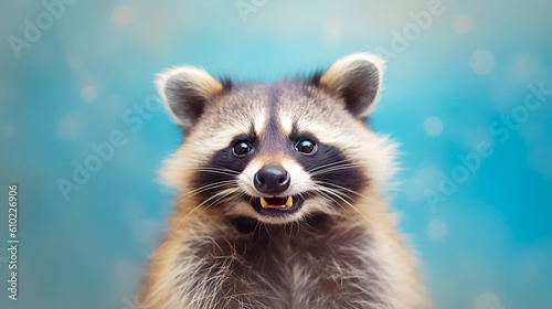 Closeup of adorable raccoon on light blue background with bokeh lights and copy space