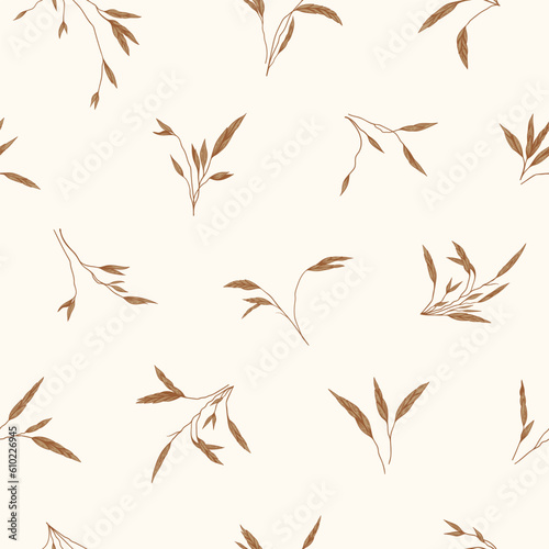 Background seamless with dry foliage. Background with meadow herbs. Earth-colored. Vector botanical illustration. Sketch.