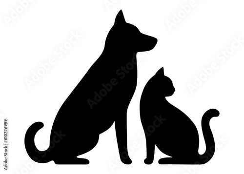 Dog and cat black profile silhouette. Pets sit together, side view isolated on white background. Design for veterinary clinic, shop, animal business. Vector