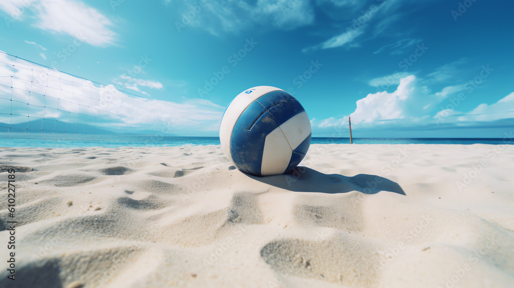 ball in white sand beach with blue sky and sea background ai generative