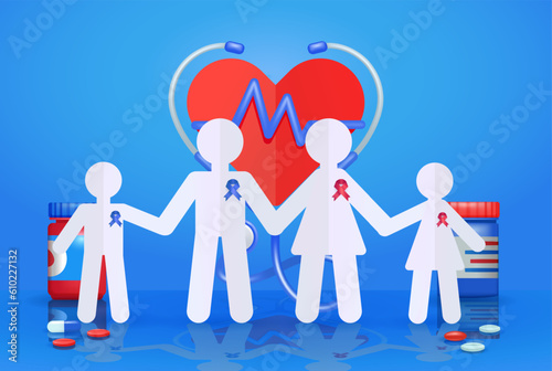 Family in paper cut shape, with medical stethoscope and heartbeat background. 3d vector health insurance concept