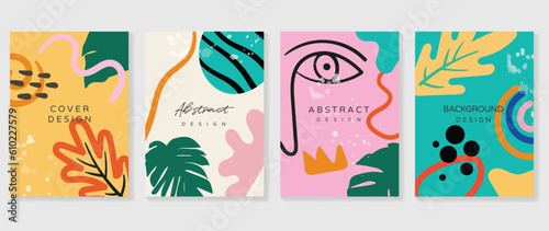Abstract arts vector background cover. Minimalist style poster template with hand drawn eye, leaf, line art, doodle foliages, watercolor. Ideal design for social media, poster, cover, banner, flyer.