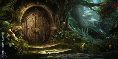 Magic Wooden door to an alien world. Magic Gate. Fantasy gate. Mysterious Entrance portal. Ancient ruins. Passage to another world. Night landscape. Fantasy Scene in the night forest. 3D illustration