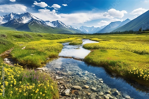 Scenic Landscape of River Flowing Through Wildflower Valley - AI Generative