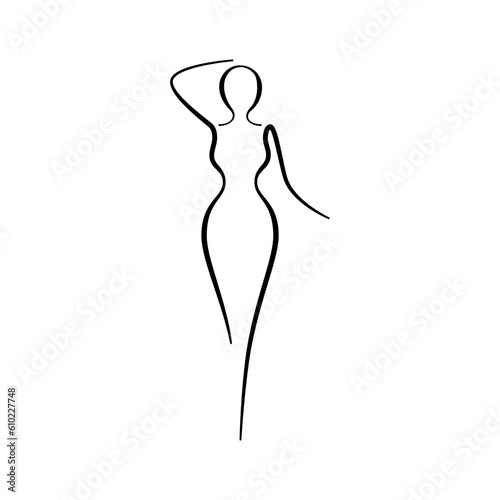 Woman body sketch, line art icon. Female pose outline silhouette, model, figure. Abstract sign of girl for wellness center, sport, dance, beauty salon, spa. Vector