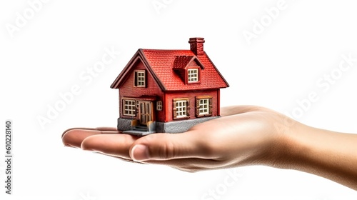 Hand presenting Modern model house on hand for home loan campaign, Buying house concept, Generative Ai