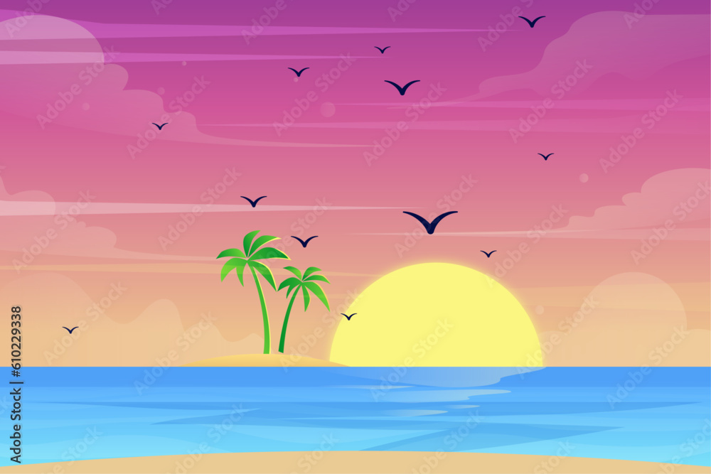Gradient tropical summer background with palm trees and beach
