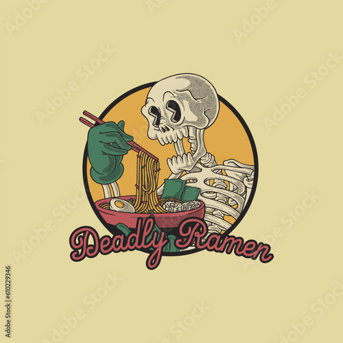 skeleteon mascot eat ramen retro cartoon emblem 