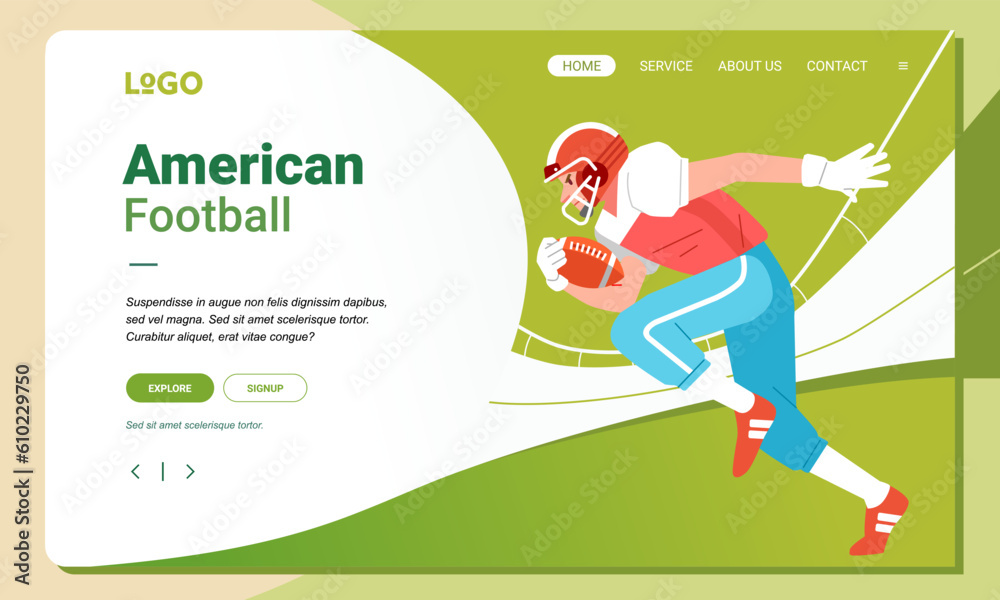 American football minimalist banner web illustration mobile landing page GUI UI player runs carrying ball on field
