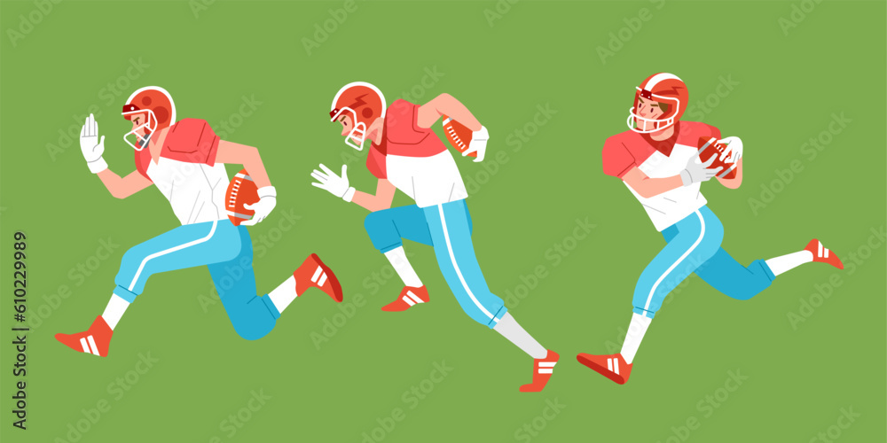 American football sport player in action set carrying ball and run side view
