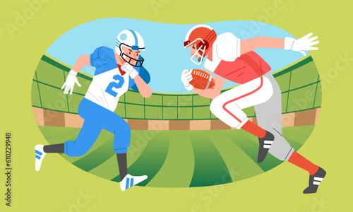 American football players run face each other fighting over the ball on the field