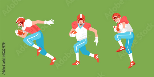 American football sport player in action set carrying ball and fast run side view ready to trow