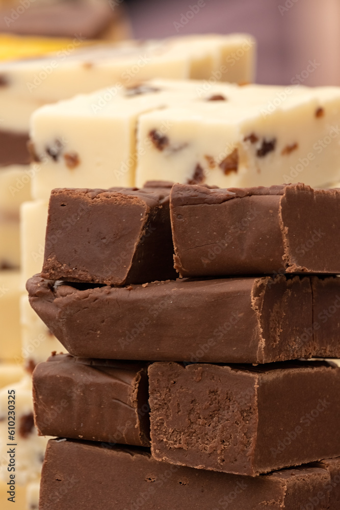 Closeup of home made confectionery fudge at a Food Market Closeup of home made confectionery fudge at a Food Market