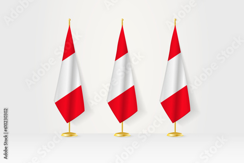 Three Peru flags in a row on a golden stand, illustration of press conference and other meetings.