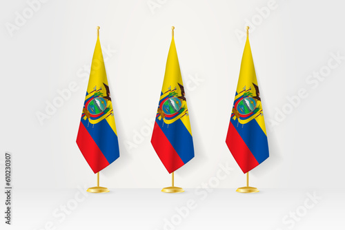 Three Ecuador flags in a row on a golden stand, illustration of press conference and other meetings.