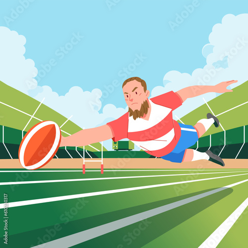 Rugby Player jump catches the ball and flies in the air on field