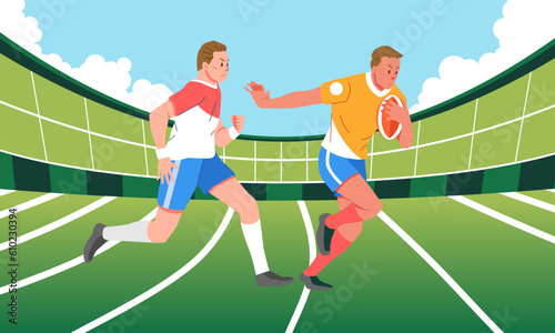 Rugby players running competing for the ball on the across field