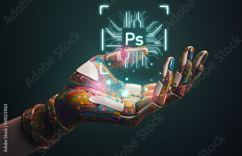 AI humanoid hand holding PS microchip hologram, AI art generator technology concept, Generative AI illustration
