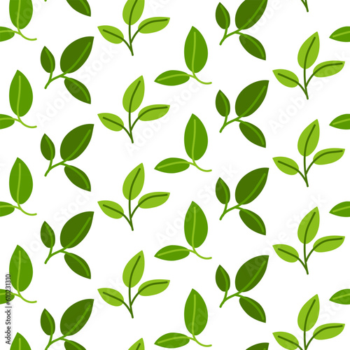 A pattern of green branches with leaves. Background for printing on environmental topics. Fresh themes of spring, nature, flowering. Botanical seamless pattern, hand-drawn lines, artistic leaves