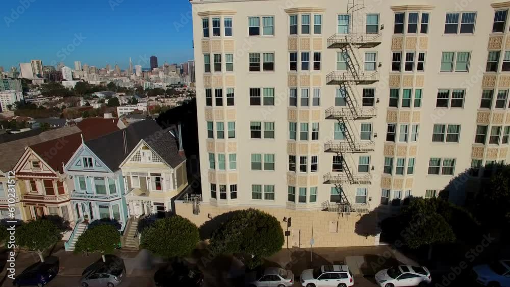 Aerial Panning Shot Of Houses In Neighborhood Against Sky, Drone Flying Over City On Sunny Day - San Francisco, California Aerial Panning Shot Of Houses In Neighborhood Against Sky, Drone Flying Over City On Sunny Day - San Francisco, California