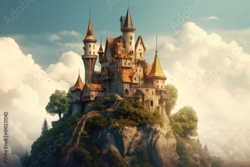Old fairytale castle on the hill. Fantasy landscape illustration. Generative AI.