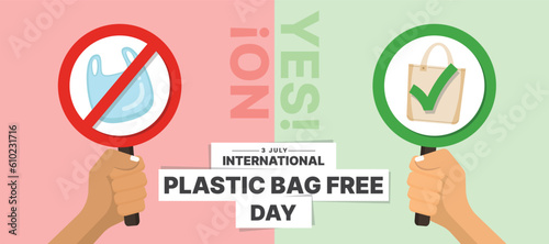 International plastic bag free day - hand hold circle banner no! plastic bag and yes! fabric bag vector design