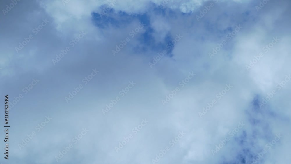 Wind Is Driving Puffy White Gray Clouds in A Blue Stormy Sky Aerial View, View of Airplane Window. Time Lapse of Cumulus Rain Clouds in Blue Sky, Cloudy Skyscraper Weather Envinronment, Atmosphere.