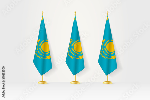 Three Kazakhstan flags in a row on a golden stand, illustration of press conference and other meetings.