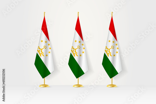 Three Tajikistan flags in a row on a golden stand, illustration of press conference and other meetings.