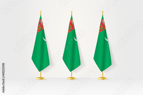 Three Turkmenistan flags in a row on a golden stand, illustration of press conference and other meetings.