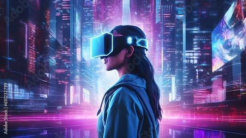 Exploring Metaverse: Woman in VR Reality Headset Navigating Through Neon-Lit Cyber City