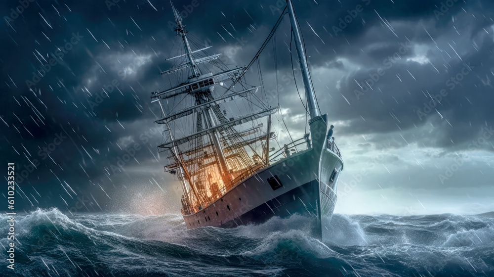 Obraz premium Ship on the high seas in a Hurricane about to Capsize Wallpaper Background Generative AI Digital Art